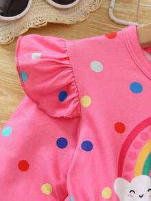 Young Girls' Cute Colorful Polka Dot & Rainbow Print Cap Sleeve Round Neck Knee-Length Casual Dress, 2025 New Arrival - Hot Pink - View 4