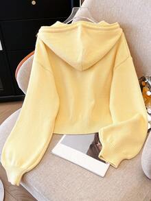 Autumn/Winter Minimalist Style Hooded Short Casual Button Cardigan, Versatile Knit Sweater Jacket - Yellow - View 2