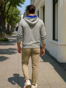 Sudadera Básica de Algodón para Hombre con Capucha y Bolsillo Canguro, Estilo Casual Streetwear - Gris - Ver 2