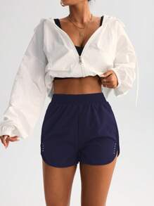 FWH High Waist Slimming Yoga Shorts With Side Slit, Stretchy Workout Shorts For Fitness And Casual Wear - Navy Blue - View 6