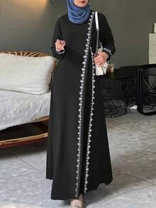 Women's Elegant Floral Trim Round Neck Long Sleeve Arabic Robe, Modest - Black - View 2