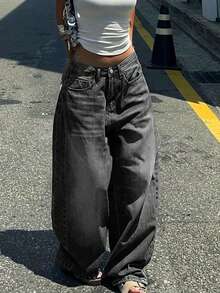 女士休闲宽松阔腿牛仔裤，百搭实用，适合日常通勤和春季街头穿搭 - 深灰色 - 查看 6