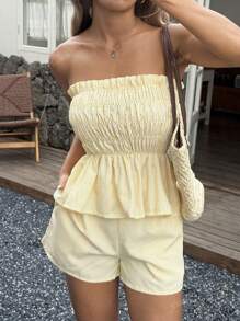Women's Summer Hawaii Boho Tropical Beach Vacation Outfits 2Pecs-One Shoulder Striped Fungus Edge Summer Minimalist Everyday Bandeau Top And Shorts Set,Suitable For Date, Afternoon Tea, Holiday, Music Festival