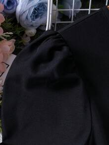 Girls' Solid Color Bow Long Sleeve Casual Dress, Spring/Autumn - Black - View 5