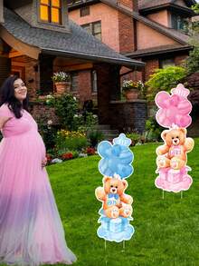 Gender Reveal Decorations 2 Sets Gender Reveal Yard Signs With Stakes - Classic Plastic Outdoor Decorations, Blue & Pink Bear/Elephant Designs, "He" & "She" Balloons, Perfect For Boy Or Girl Newborn Welcome Party, Gender Reveal Party Supplies | Classic Style Decor | Easy Setup Decorations - Multicolor - View 3