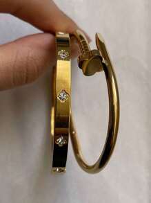 2pcs Stainless Steel Luxury Four-Leaf Clover Nail Bangle & Four-Leaf Clover Clasp Bracelet Jewelry Set, Fashionable Minimalist Waterproof Stainless Steel Jewelry Combination, Suitable For Daily Wear