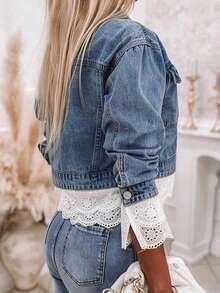 Plus Size Women's Fashion Lace Trim Cropped Denim Jacket, Patchwork Lace Casual Denim Top. - 藍色 - 查看 4