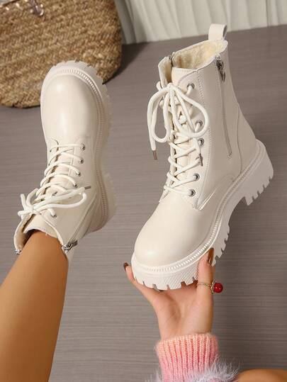 2025 Autumn/Winter New Women's Shoes, Warm Women's Boots, Fashion Versatile Casual Women's Shoes, Leather Ankle Boots, Flat Short Boots, Lace-Up Side Zipper Women's Boots, Classic Boots