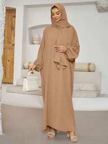 1 件时尚休闲带袖头巾，穆斯林长袍吉尔巴布连衣裙，伊斯兰服装适合女性日常穿着 - 彩色 - 查看 5