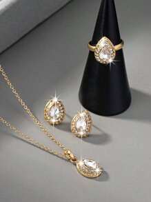 1set Vintage Luxury Elegant Rhinestone Water Drop Earrings, Necklace & Ring Jewelry Set For Women, Suitable For Festival, Birthday, Date, Dance, Party, Holiday, Shopping, Daily Work