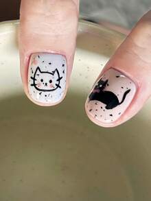 30 片短方形海滩必备按压式指甲艺术贴片，适合女士/万圣节指甲/卡通印花/附带 1 块果冻胶和 1 条摩擦条，美甲用品 - 彩色 - 查看 2