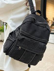 女士复古星形贴片装饰渐变牛仔布背包，Y2K 风格大容量户外旅行背包，轻便商务通勤工作笔记本电脑背包，适合高中生和大学生的校园返校书包 - 黑色 - 查看 2