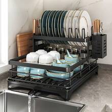 2-Tier Black Expandable Dish Drying Rack, Suitable For Kitchen Countertops, Large Dish Drainer With Pot Rack, Cup Rack, And Dish Rack For Iron Kitchen Counters And Sink Dish Racks - Large-Capacity Storage Rack With Draining Board, Dish Rack, And Cup Hooks - Foldable Design, Efficiently Saves Space For Storing Plates, Bowls, Pots, And Utensils, Efficiently Stores Plates | Foldable Rack | Durable Kitchenware, Kitchen Countertop Dish Drying Rack - màu đen - Xem 3
