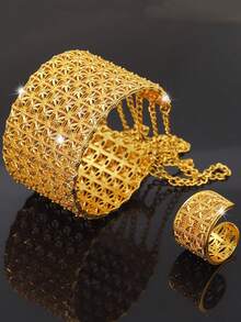 2 件 18K 镀金合金手链和戒指套装，时尚珠宝套装，适合婚礼、派对 - 金黃色 - 查看 9