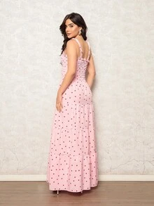 Long Dress With Elastic Straps / Crepe Polka Dot / 94% Polyester, 6% Elastane - Berwarna merah muda - View 3