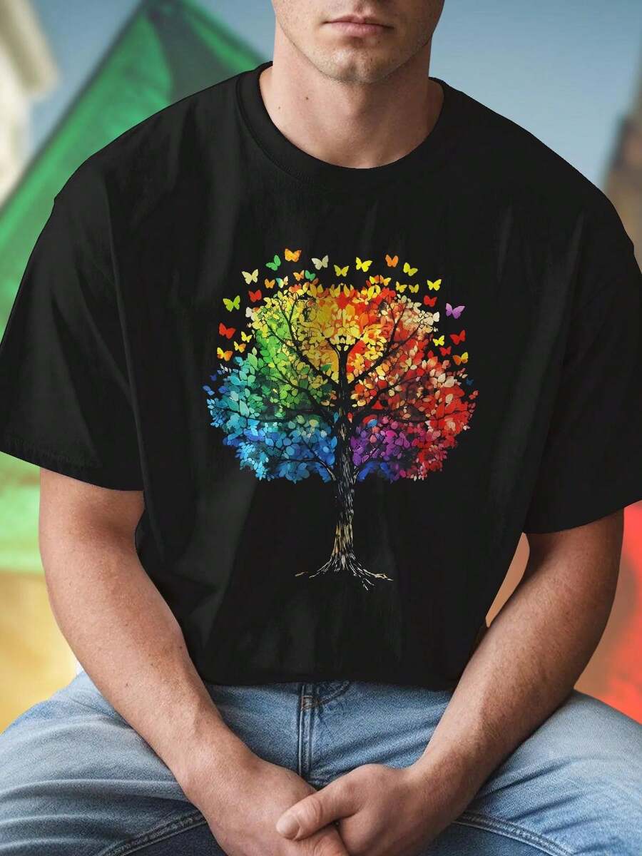 T shirt uomo Colorful Tree with Butterflies maglietta estiva traspirante moda casual vestibilità comoda regalo originale stampa colorata novità  ideale per tutte le occasioni