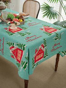 1 pièce Nappe de table de Noël avec imprimé de maison rouge et flocons de neige, convient pour la décoration de fête familiale de vacances de Noël, couverture de table de cuisine et de salle à manger, décoration de meuble TV