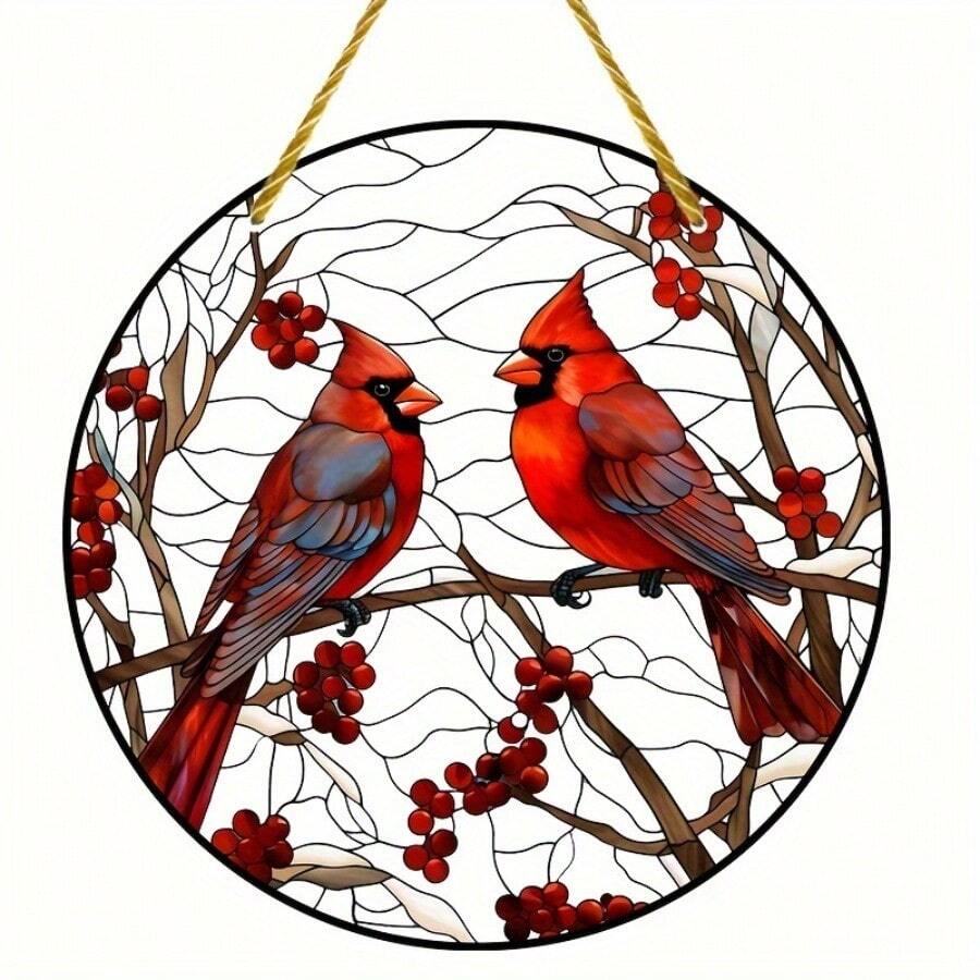 1pc 2D Flat Red Birds Sunshade, Cardinal And Cranberry Stained Window Hanger, Acrylic Sign, Hanging Ornament, Circular Sign, Garland Trim, Window Trim, Porch Trim, Wall Trim, Home Trim, Room Trim - 1pc - 查看 1