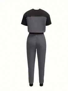 2pcs Set Casual Contrast Color Block Short Sleeve Round Neck T-Shirt And Pants - Dark Grey - View 2