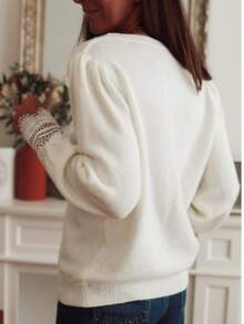 1件纯色针织蕾丝拼接V领长袖套头毛衣，优雅时尚，适合日常和海滩穿着，秋冬白色 - 白色 - 查看 2
