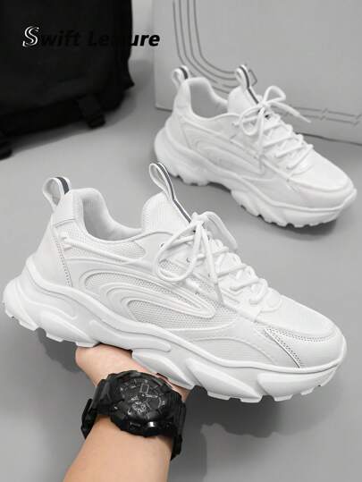 1 双男式休闲轻便纯色拼布系带厚底运动鞋，百搭运动鞋