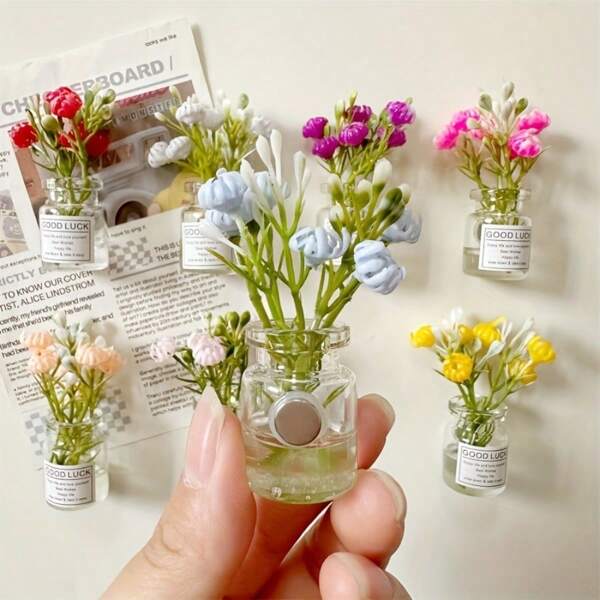 8pcs 2025 New Arrival 3D Floral Vase Fridge Magnets - Elegant Mini Bud Vase Decor For Refrigerator - Modern Kitchen & Home Accessories - Multi-Color Magnetic Gift Set