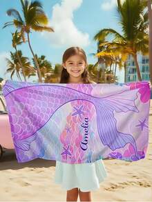 Toalha de praia infantil personalizada, presente de aniversário de verão, clima de verão, viagem de meninas à praia, toalha de praia personalizada, piscina, decoração de praia, para família, sereia - Multicolorido - Ver 7