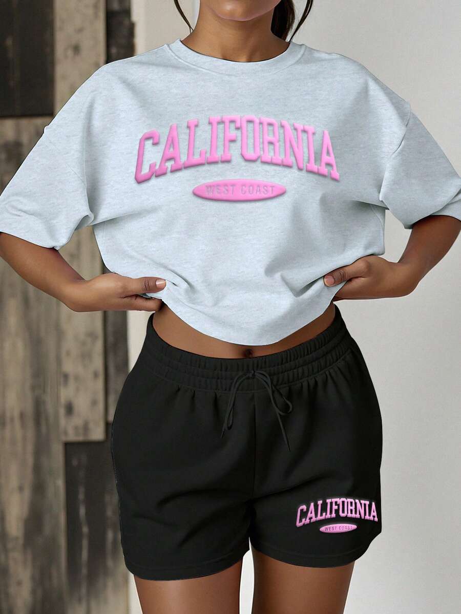 HESSEN Women's Casual Simple Solid Color Letter Graphic Loose T-Shirt And Shorts 2 Piece Set, California West Coast Logo Top And Shorts Set, Light Gray 2 Piece Set, Fitness Jogging Outfit, Suitable For Gathering, Party, Graduation, Birthday, Vacation - Multicolor - View 1