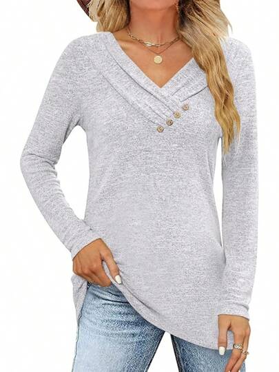 Women's Fall Long Sleeve Tunic Tops For Leggings V Neck Button Casual Blouse Sweatshirt