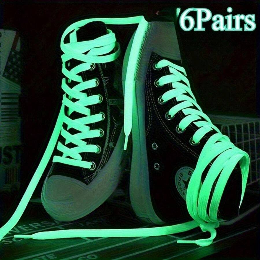 3/6 Pairs Of Night Light Shoelaces, Green/White,Lightweight, Suitable For Low Cut Canvas Shoes, Sports Shoes, Casual Shoes, Unisex,Outdoor Cycling And Running - Xanh lá cây-6 cặp - Xem 1