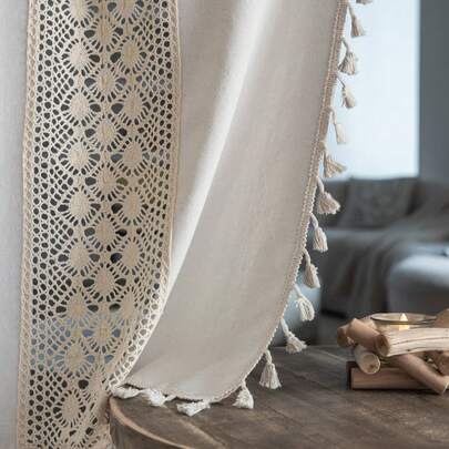 Bubaba 1 chiếc rèm cửa đan móc thủ công màu trắng ngà, phong cách tối giản hiện đại Nhật Bản với tua rua màu be, rèm che nắng trang trí nhà cửa cho phòng ăn, nhà bếp, phòng khách, khách sạn, quán cà phê, phòng tắm.