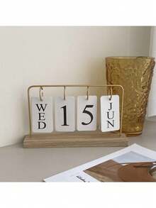 1pc Wooden Desktop Perpetual Calendar - Metal & Wood Month/Date Display With Golden Finish, Reusable Office Decor For Teachers/Students - Classroom Supplies, Farmhouse Decor, Teacher Appreciation Gift, Desk Organizer, Rustic Office Accessories, Vintage Calendar, Study Planner