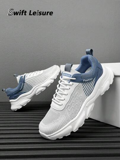 Men's Front Laced Gradient Mesh Letter Graphic Outdoor Hiking Shoes, Comfortable, Versatile, Lightweight Sports Sneakers