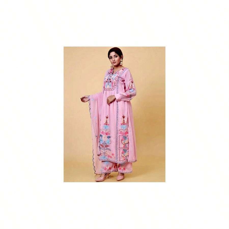 Pink Georgette  Thread And Mirror Work Salwar Suit UK Next Day - Multicolor - View 1