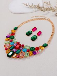 juran 1 Set Random Mixed Color Shiny Glass Choker Necklace & Earrings Jewelry Set, Women Wedding Statement Necklace & Earrings