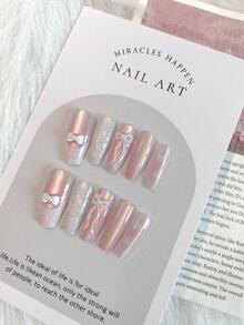 Summer Nail Art Is Gentle And Sweet. The 10-Piece Set Includes A Long-Style Coffin-Shaped Pink French-Style White Three-Dimensional Bow, Hand-Painted Pink Bow, Hearts, And Shiny Fine Glitter To Enhance Whiteness, Making It A Sophisticated And High-End Style Nail Art For Wearing.