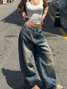 美式休闲街头风简约日常通勤百搭女式牛仔裤 春季 - 深色水洗藍 - 查看 7