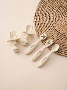 5PCS Personalized Customization Name Baby Silicone Utensils Mini Spoon Fork Food Accessories Solid Color Baby Tableware Print On Demand Baby's Cutlery - Multicolor - View 6