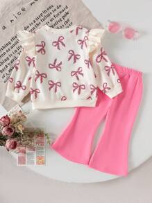 2 件套女婴休闲蝴蝶结图案长袖运动衫和粉色裤子套装，轻便，适合春秋季 - 粉色 - 查看 2