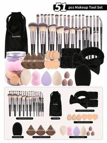 MAANGE 18pcs/20pcs/51pcs Professional Makeup Brush Set, Includes 18 Pcs Face Makeup Brushes, 1 Makeup Sponge And 1 Velvet Makeup Bag, Containing Powder Brush, Blush Brush, Foundation Brush, Contour Brush, Eyeshadow Brush, Eyebrow Brush, Eyeliner Brush And Smudge Brush. The Makeup Tools Are Made Of Soft, Skin-Friendly Fiber Material, Easy To Carry. It Is An Ideal Gift For Women And Girls. The Set Contains Various Makeup Brushes, A Perfect Combination Of Makeup Tools. - Black - View 2