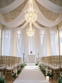 Elegant White Tulle Wedding Arch Curtain Fabric: Transparent, Anti-Wrinkle Lace, With Floral Decorations, Suitable For Halloween And Thanksgiving; Multi-Functional Tablecloth, Suitable For Outdoor Weddings, Business Events, INS Style, Wedding Decorations - Party Banners