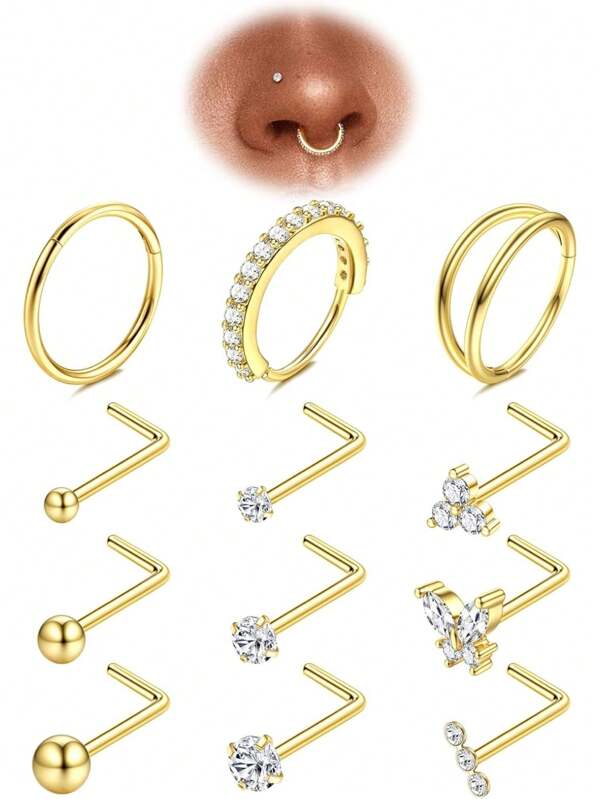 Milacolato Nose Rings For Women - 14K Gold Filled Hypoallergenic Surgical Steel Nose Ring Hoops 20G CZ Screw L Shaped Nose Studs Nose Piercings Jewelry For Women Men
