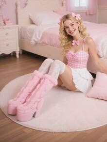 Knee High Boots For Womens Side Zipper Warm Faux Fur Platform Chunky Heel Punk Goth Walking Winter Snow Boots - Hồng - Xem 4