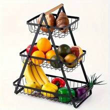 Reinforced Three-Tier Fruit Basket Tray, Kitchen Countertop Storage Rack, Additional Support Rods Suitable For Fruits, Vegetables, Bread, And Snacks, Removable Space-Saving Shelves Suitable For Pantries, Cabinets, And Countertops, Often Suitable For Home And Kitchen Display. Black Fruit Basket.