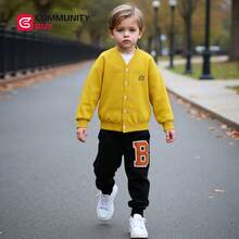 Nuevo Chaqueto para Niños de Otoño/Primavera, Color Sólido con Bordado Infantil, Blusa Infantil Casual de Tejido de Punto - Amarillo - Ver 3