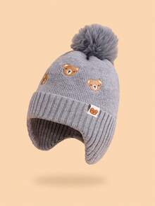 1pc Kids Cartoon Bear Embroidered Pom Pom Knit Hat, Ear Ion Windproof Fleece Warm Winter Accessory Cap For Boys & Girls, Suitable For Daily Outings In Winter As Gift - Multicolor - View 11