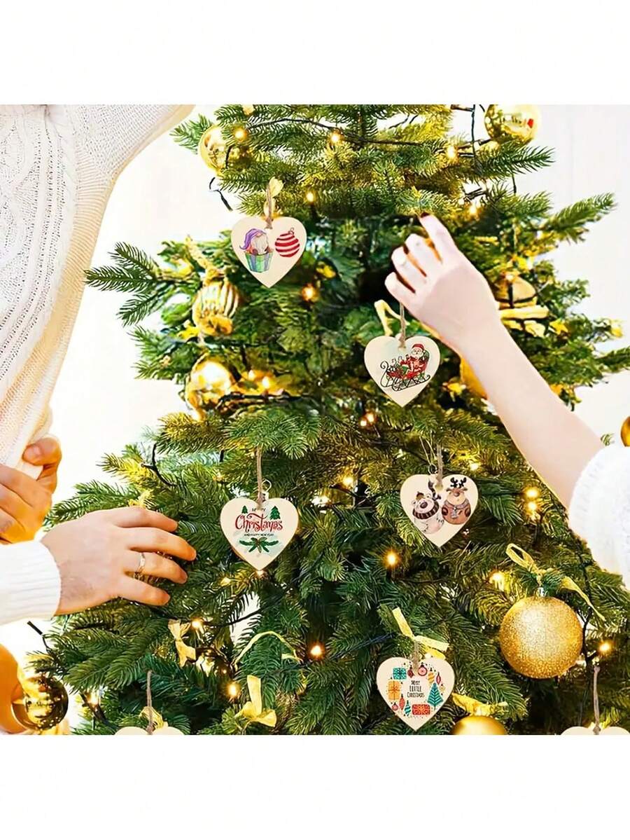 1 套 10 件圣诞挂饰、木制工艺品、创意雕花木片、圣诞袜及配饰、礼品 - 彩色 - 查看 1