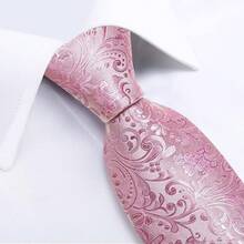 Silk Floral Necktie Set With Tie Clip, Handkerchief & Cufflinks - Solid Pink Floral - View 3