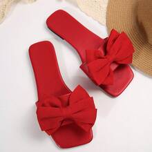 Women's Flat Square Toe Non-Slip Beach Slippers - Red Bow - View 2