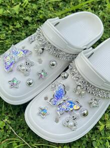 18 件 DIY 洞洞鞋银熊水钻大链，校园风格鞋花装饰可拆卸纽扣，适用于镂空拖鞋、凉鞋，四季皆宜，节日礼物